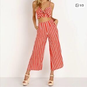 Faithfull the Brand Striped Red and White Women's Cropped Linen Pants  XS 2